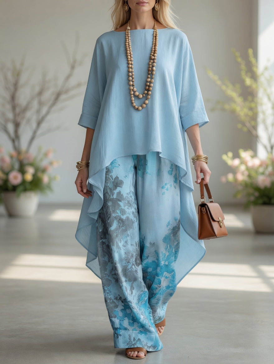 Elowen | Botanical Print High-Low Tunic & Wide-Leg Set