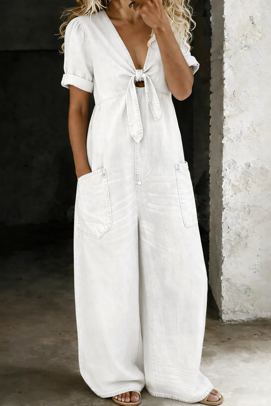 Maya | V-Neck Short Sleeve Jumpsuit with Pockets