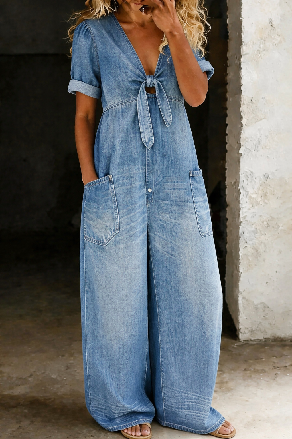 Maya | V-Neck Short Sleeve Jumpsuit with Pockets