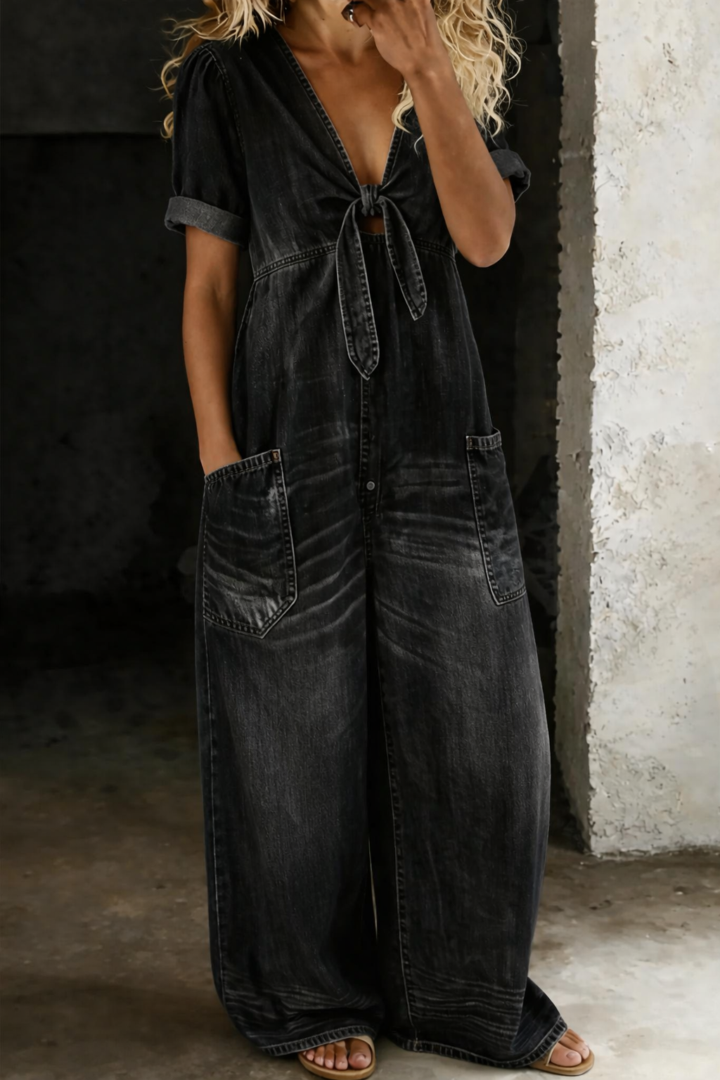 Maya | V-Neck Short Sleeve Jumpsuit with Pockets