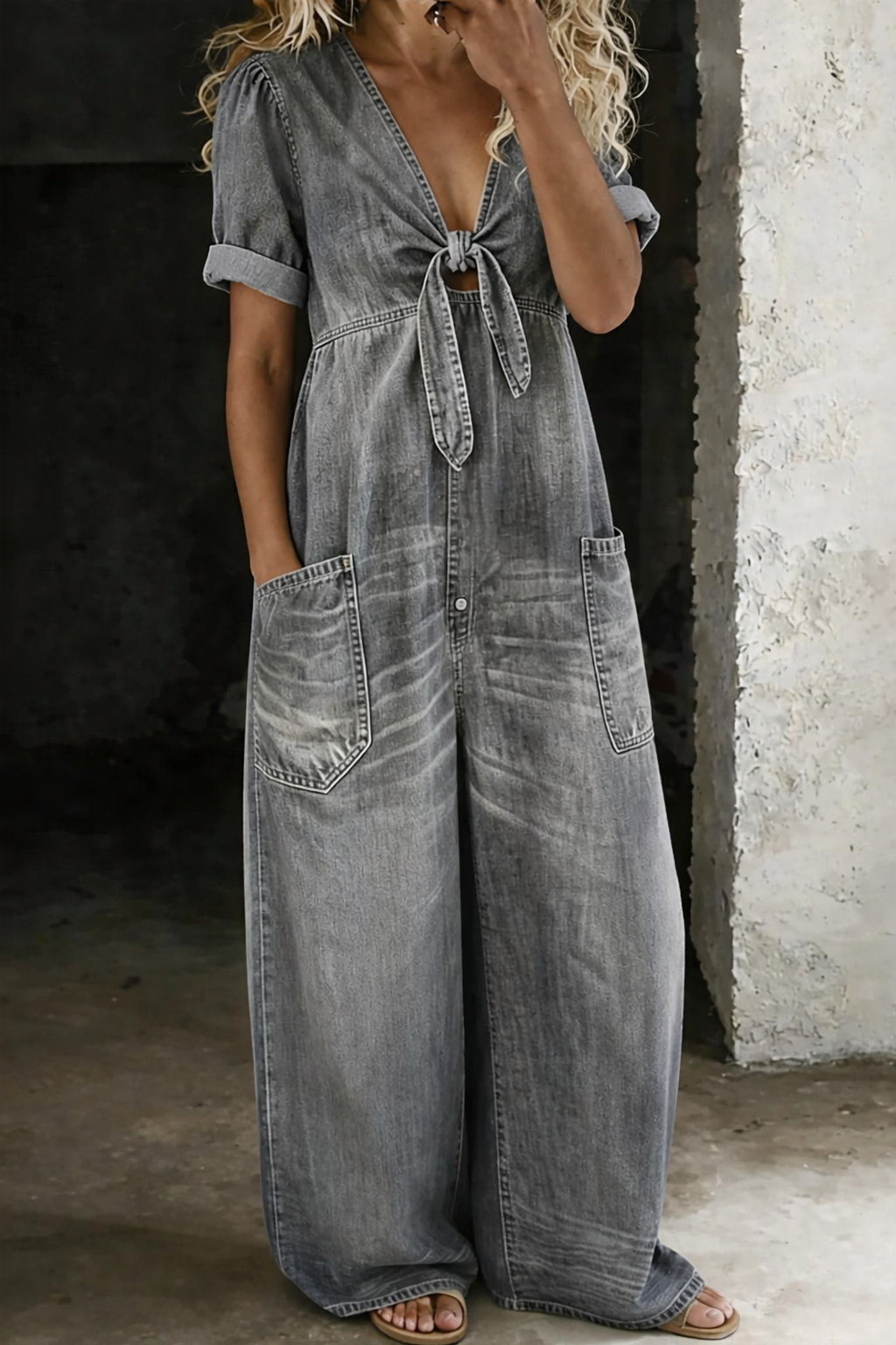Maya | V-Neck Short Sleeve Jumpsuit with Pockets