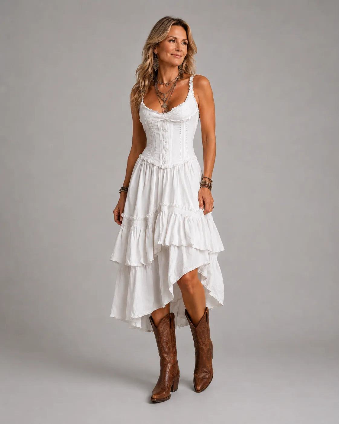 Vivienne | Retro Boho Corset Tiered Midi Dress with Lace Trim