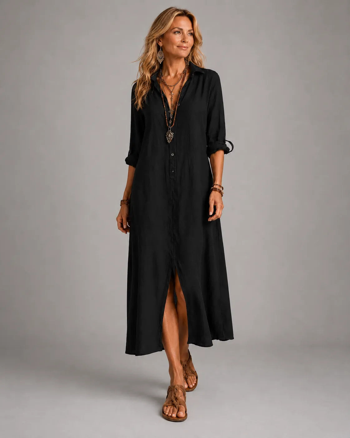 Ophelia | Button-Front Bohemian Shirt Maxi Dress