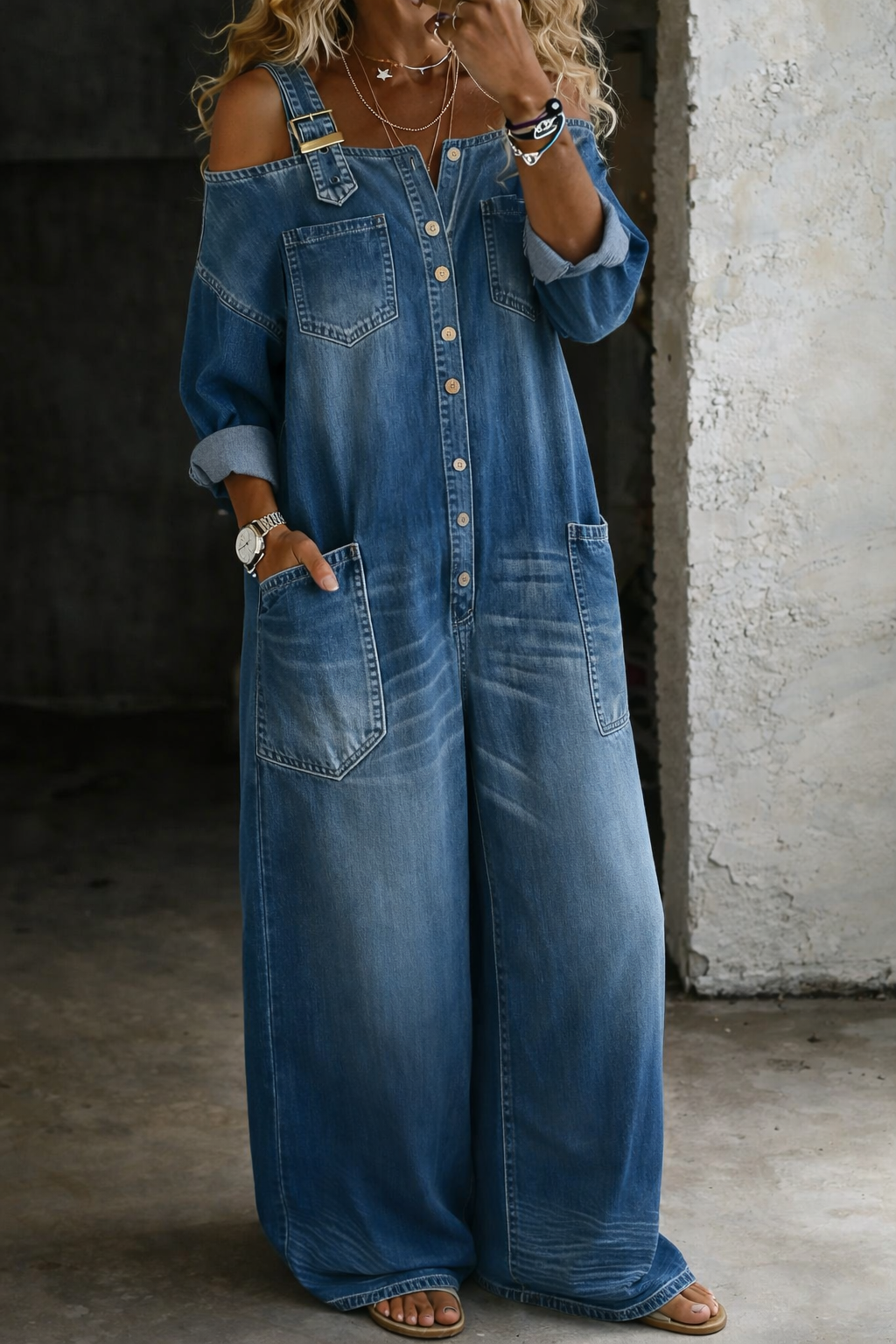 Stephanie | Off-Shoulder Denim Shirt Jumpsuit