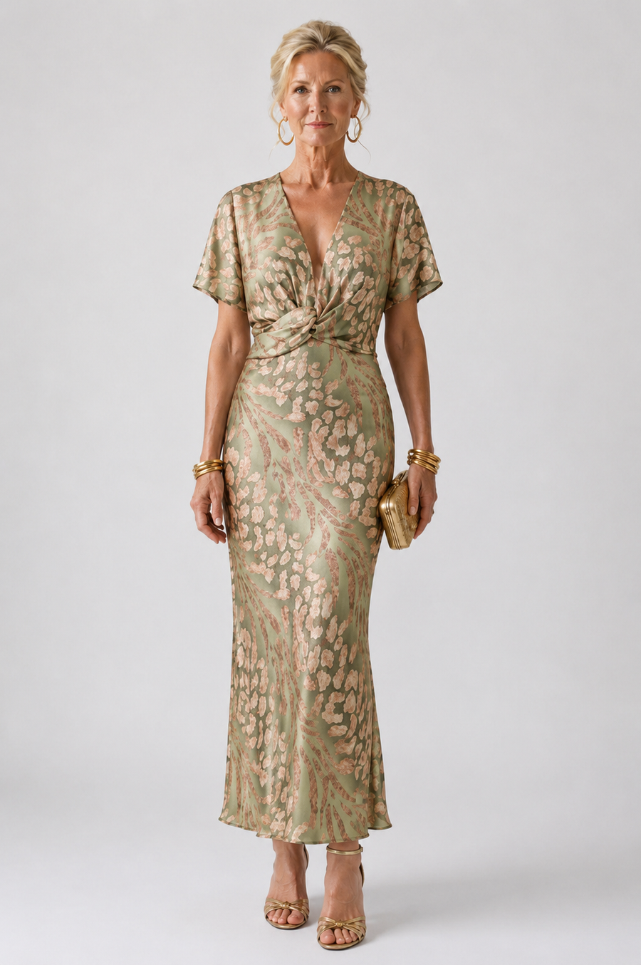 Elodie | Abstract Print V Neck Twist Waist Midi Dress