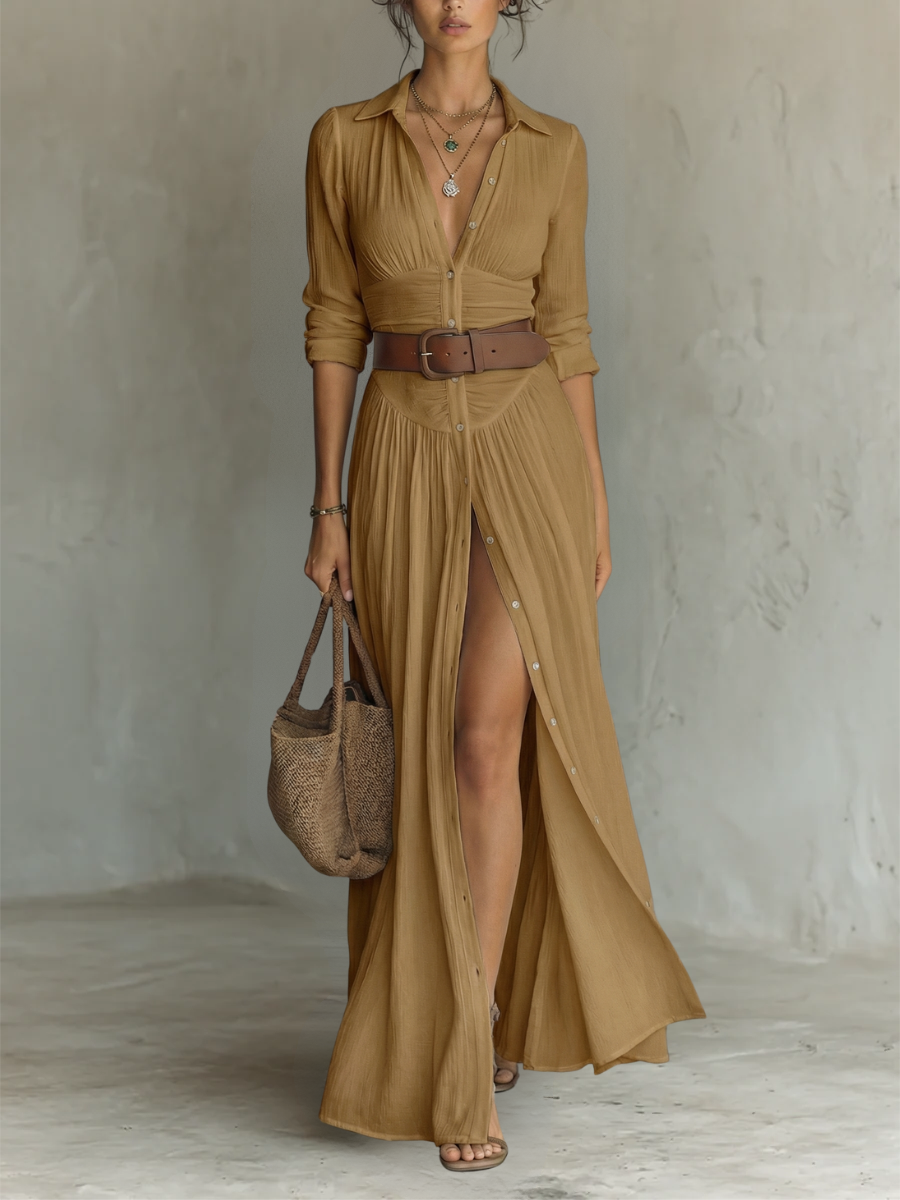 Marlow | Cotton-Linen Maxi Dress with Notched Collar