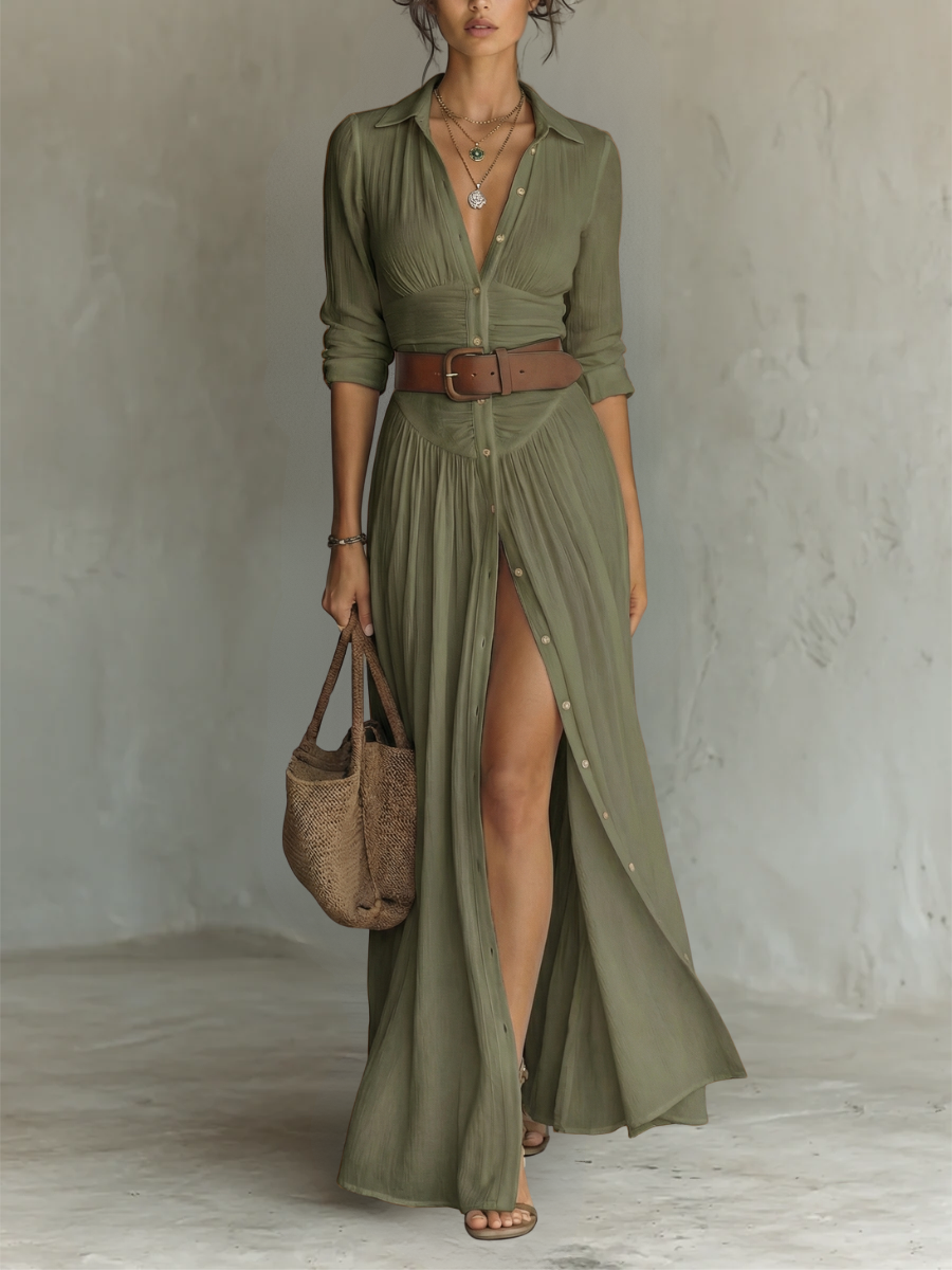 Marlow | Cotton-Linen Maxi Dress with Notched Collar