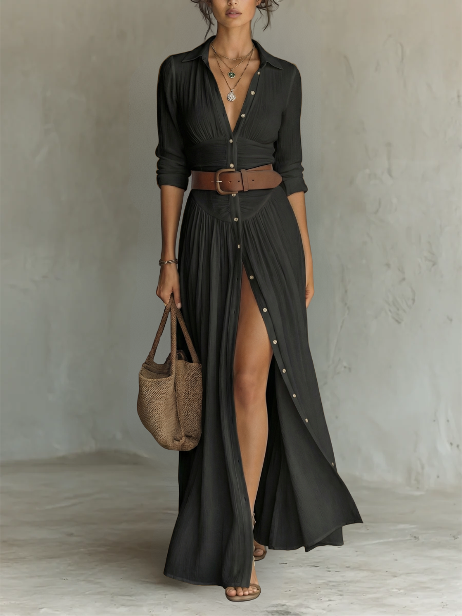 Marlow | Cotton-Linen Maxi Dress with Notched Collar