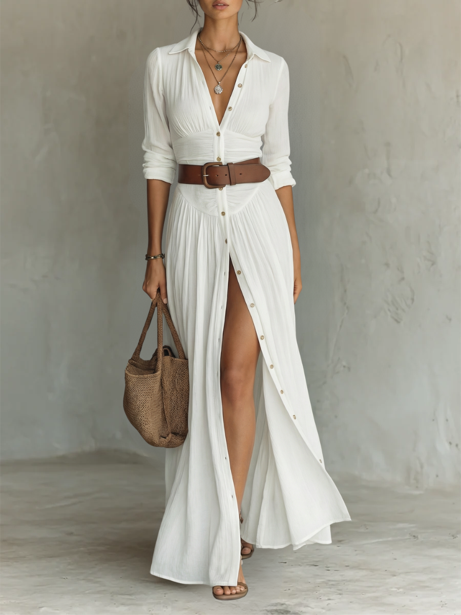 Marlow | Cotton-Linen Maxi Dress with Notched Collar