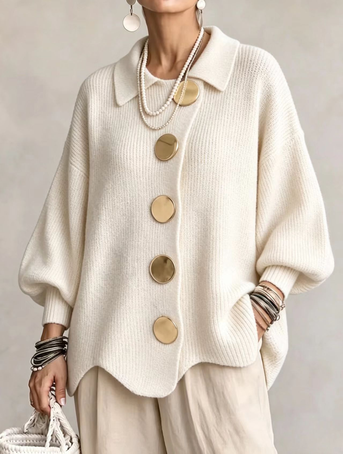 Isa | Oversized Collared Cardigan With Large Buttons