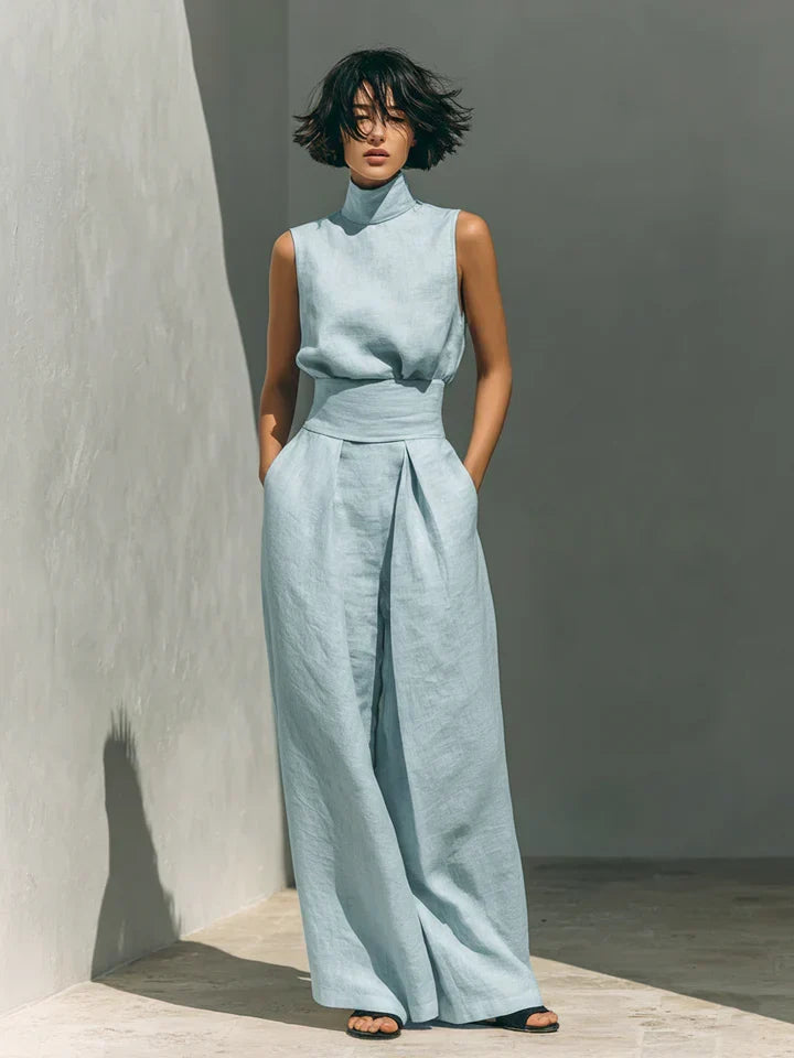 FLOR | MINIMALIST WOMEN’S TWO-PIECE SET WITH SLEEVELESS BLOUSE AND WIDE-LEG COTTON-LINEN TROUSERS