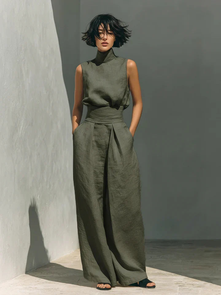 FLOR | MINIMALIST WOMEN’S TWO-PIECE SET WITH SLEEVELESS BLOUSE AND WIDE-LEG COTTON-LINEN TROUSERS