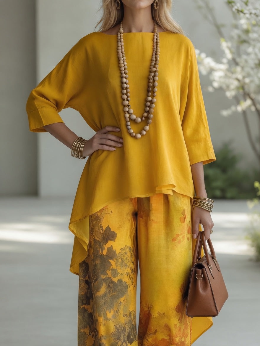 Elowen | Botanical Print High-Low Tunic & Wide-Leg Set