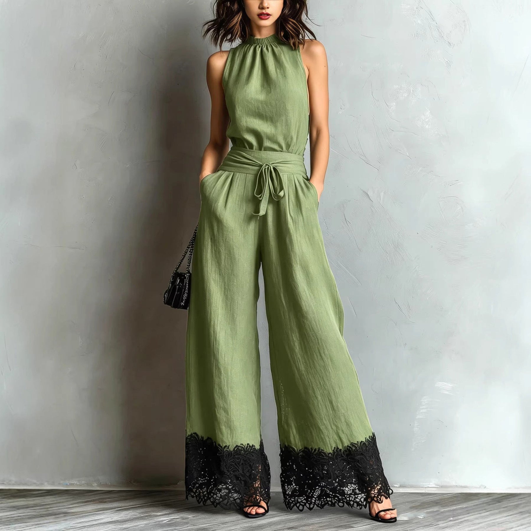 Adriana | Halter Neck Lace-Trim Wide Leg Belted Jumpsuit