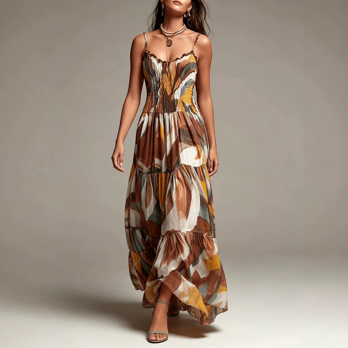 Alexia | Abstract Print Smocked Tiered Maxi Dress