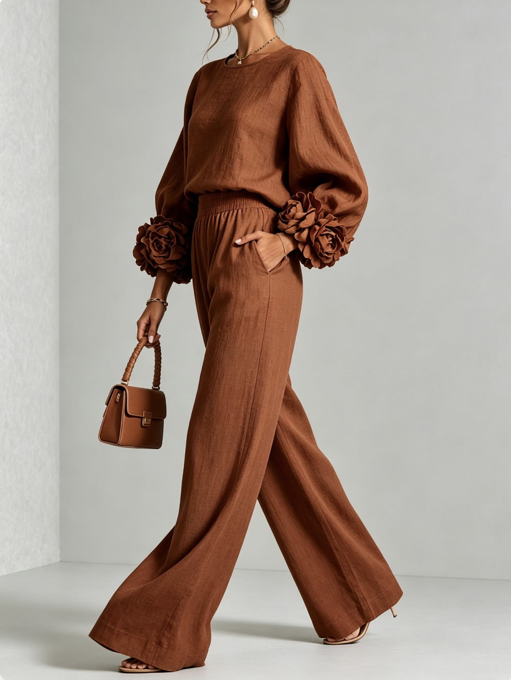 Rosalie | Floral Cuff Two-Piece Set with Wide-Leg Trousers