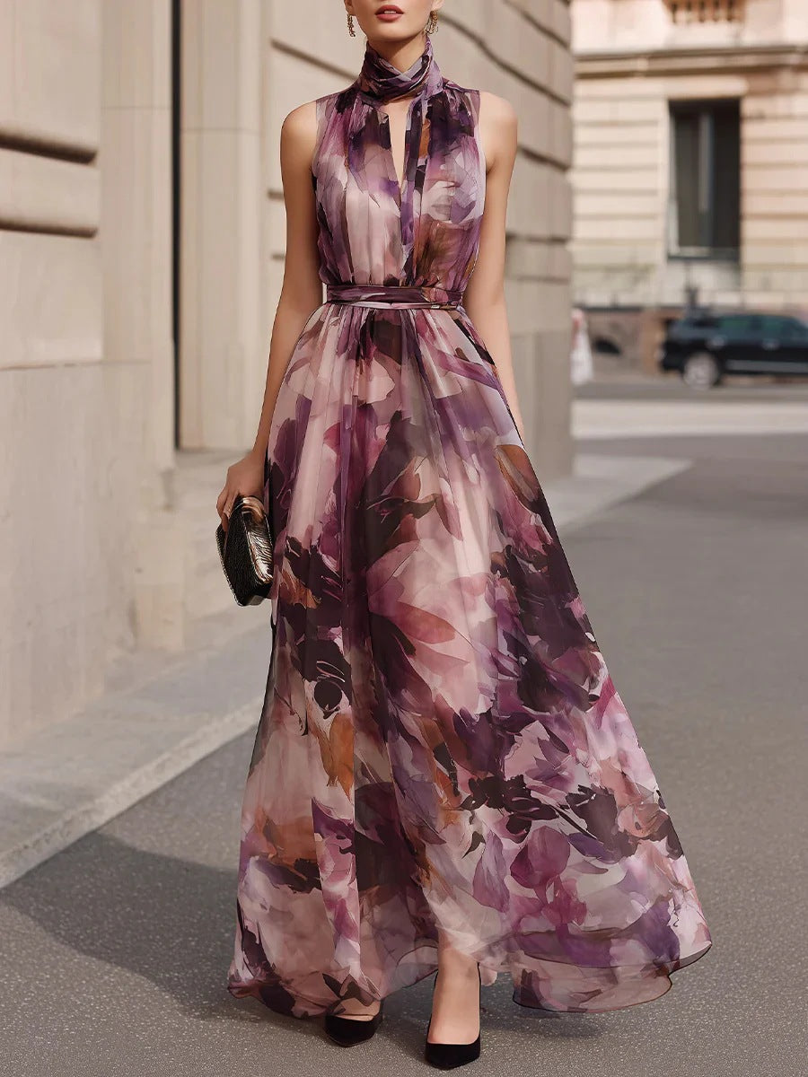 Alva | Floral Tie-Neck Belted Maxi Dress
