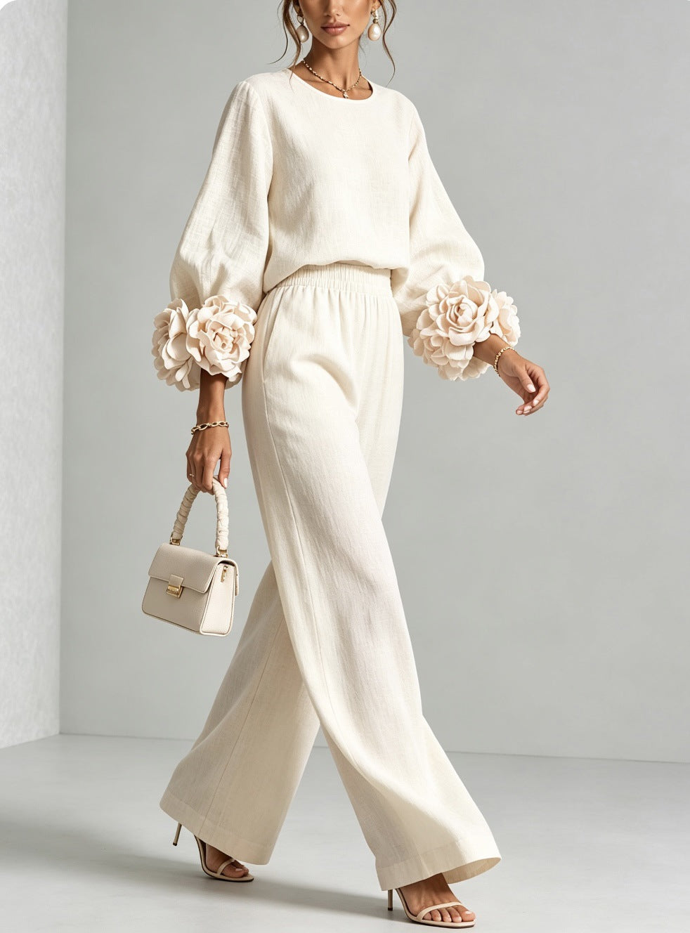 Rosalie | Floral Cuff Two-Piece Set with Wide-Leg Trousers
