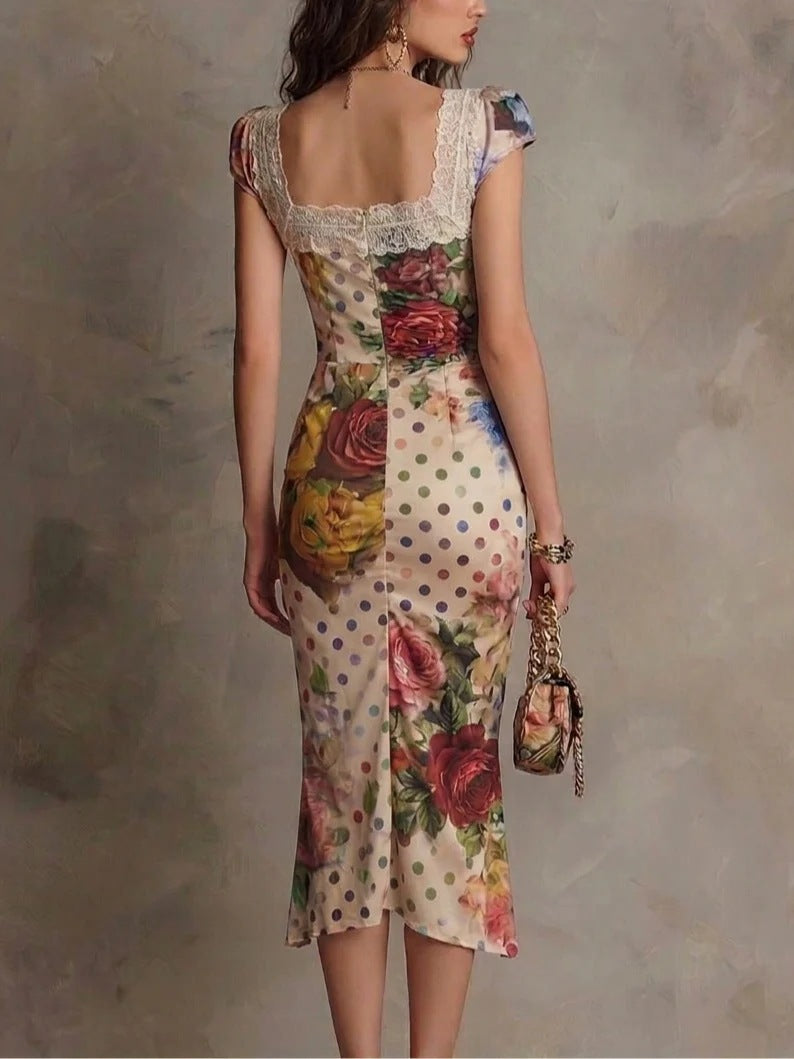 Alma | Lace-Trim Mixed Print Ruched Bodycon Midi Dress