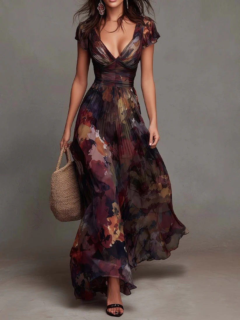 Allegra | Watercolour Floral Pleated V-Neck Maxi Dress