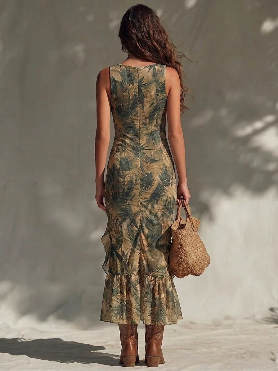 Alina | Palm Print Ruffle Ruched Slit Maxi Dress