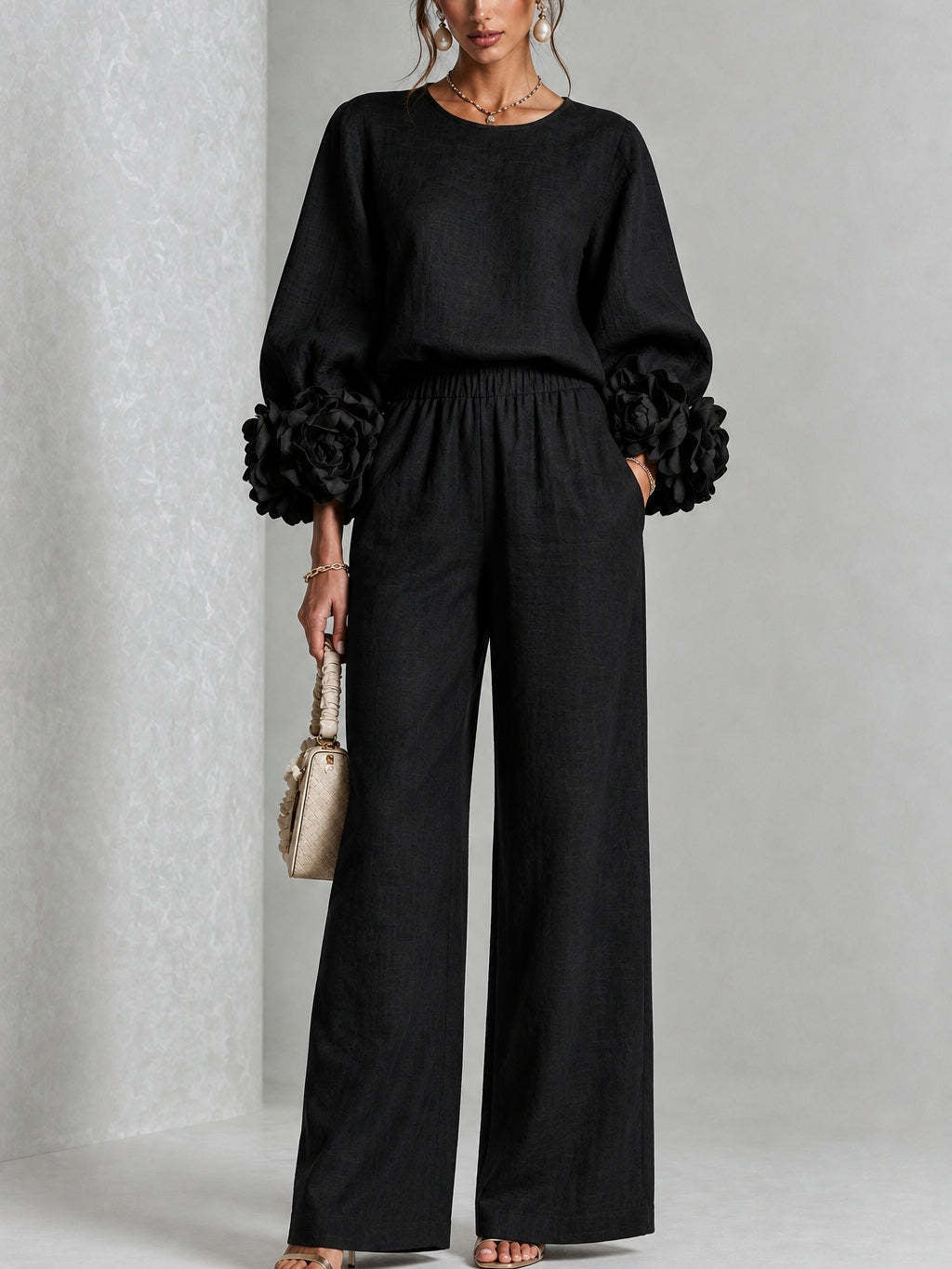 Rosalie | Floral Cuff Two-Piece Set with Wide-Leg Trousers