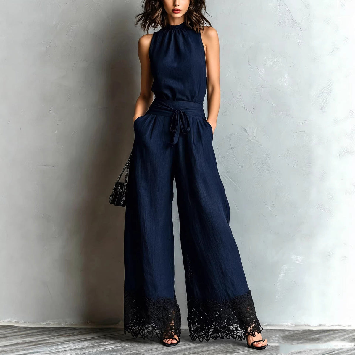Adriana | Halter Neck Lace-Trim Wide Leg Belted Jumpsuit
