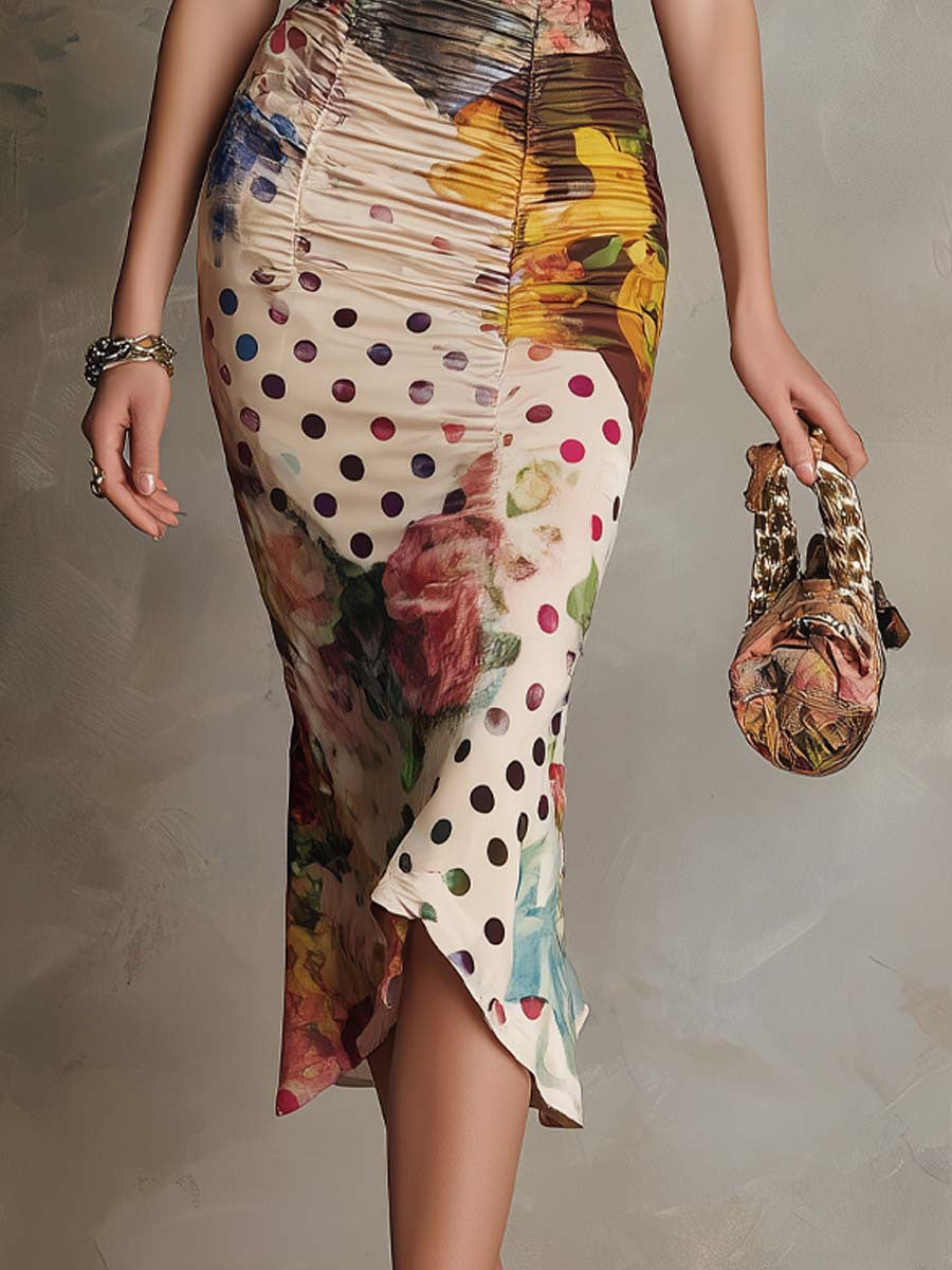 Alma | Lace-Trim Mixed Print Ruched Bodycon Midi Dress