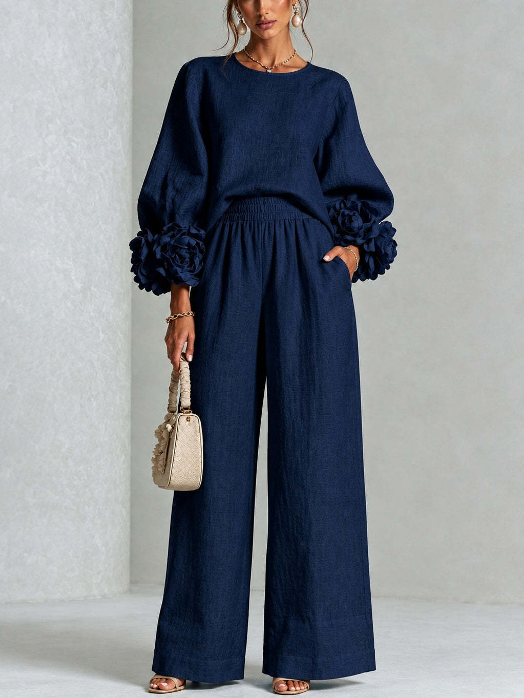 Rosalie | Floral Cuff Two-Piece Set with Wide-Leg Trousers