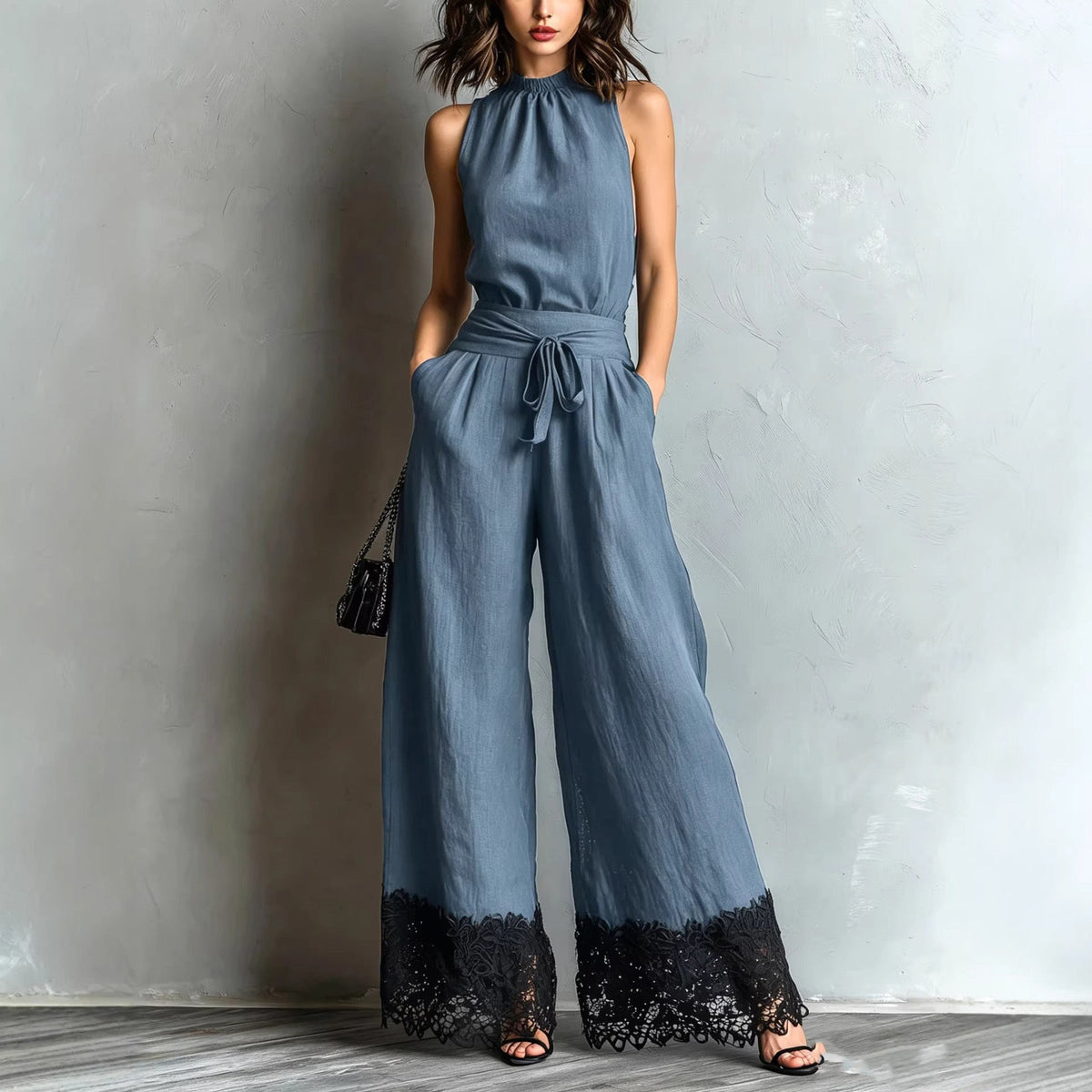Adriana | Halter Neck Lace-Trim Wide Leg Belted Jumpsuit