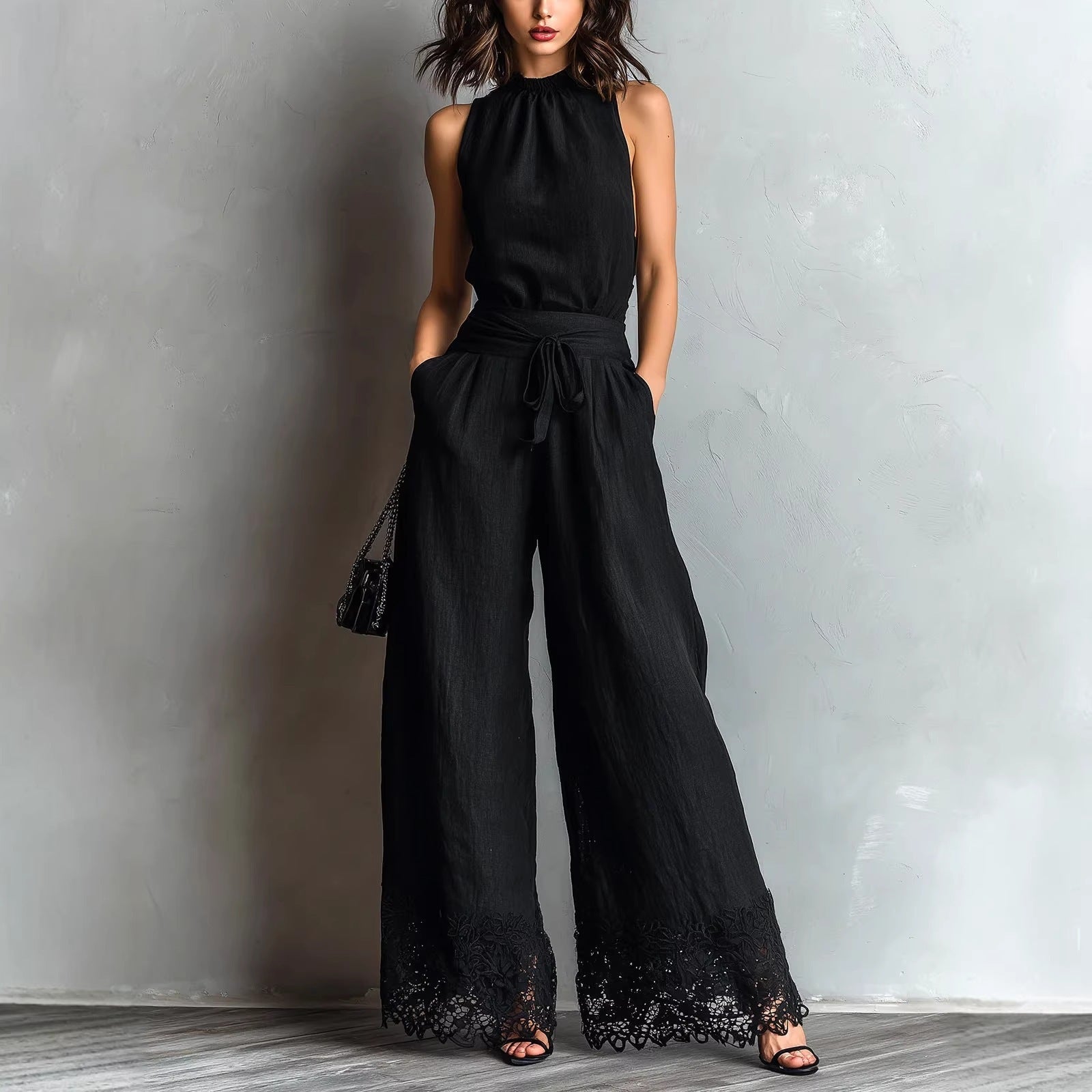Adriana | Halter Neck Lace-Trim Wide Leg Belted Jumpsuit