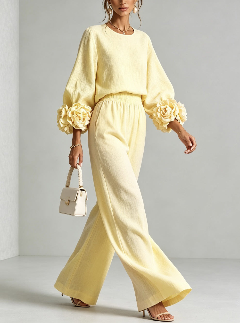 Rosalie | Floral Cuff Two-Piece Set with Wide-Leg Trousers