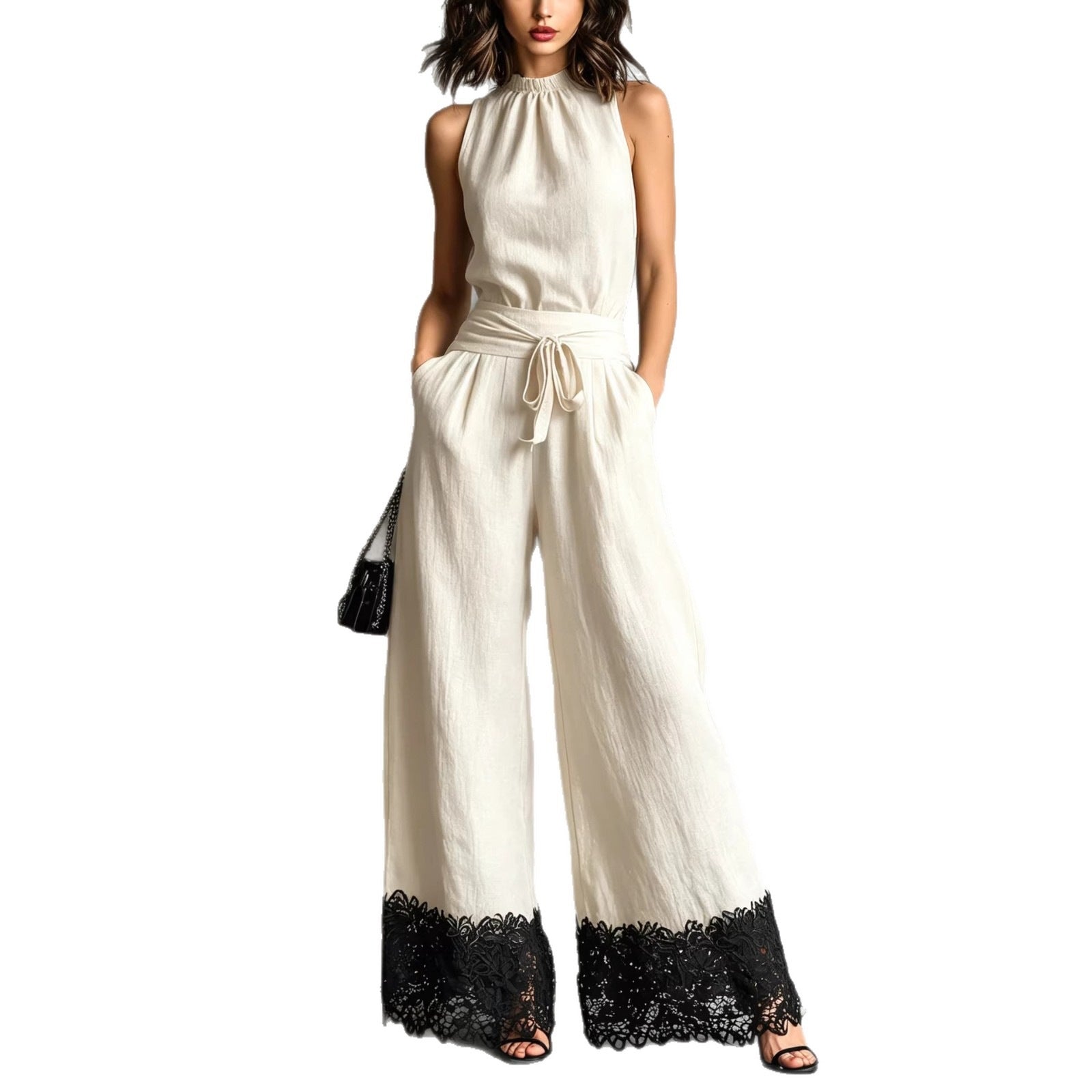 Adriana | Halter Neck Lace-Trim Wide Leg Belted Jumpsuit