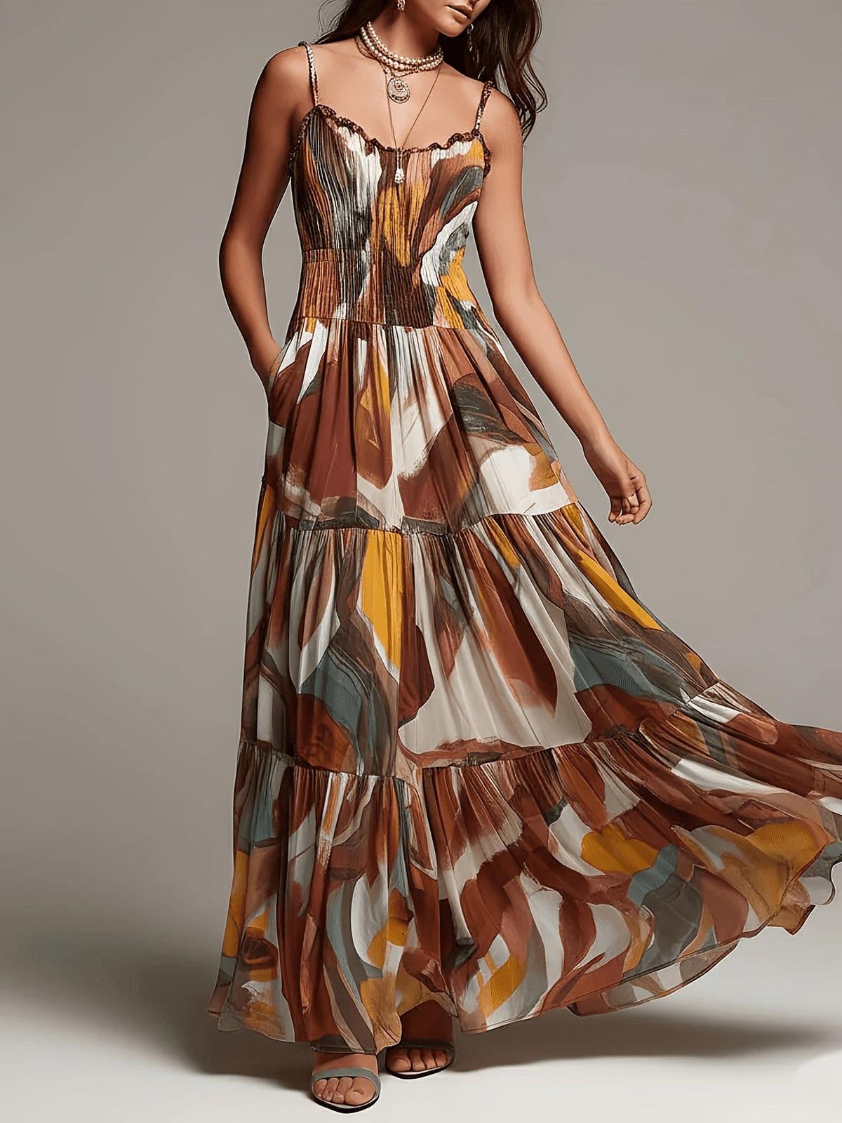 Alexia | Abstract Print Smocked Tiered Maxi Dress