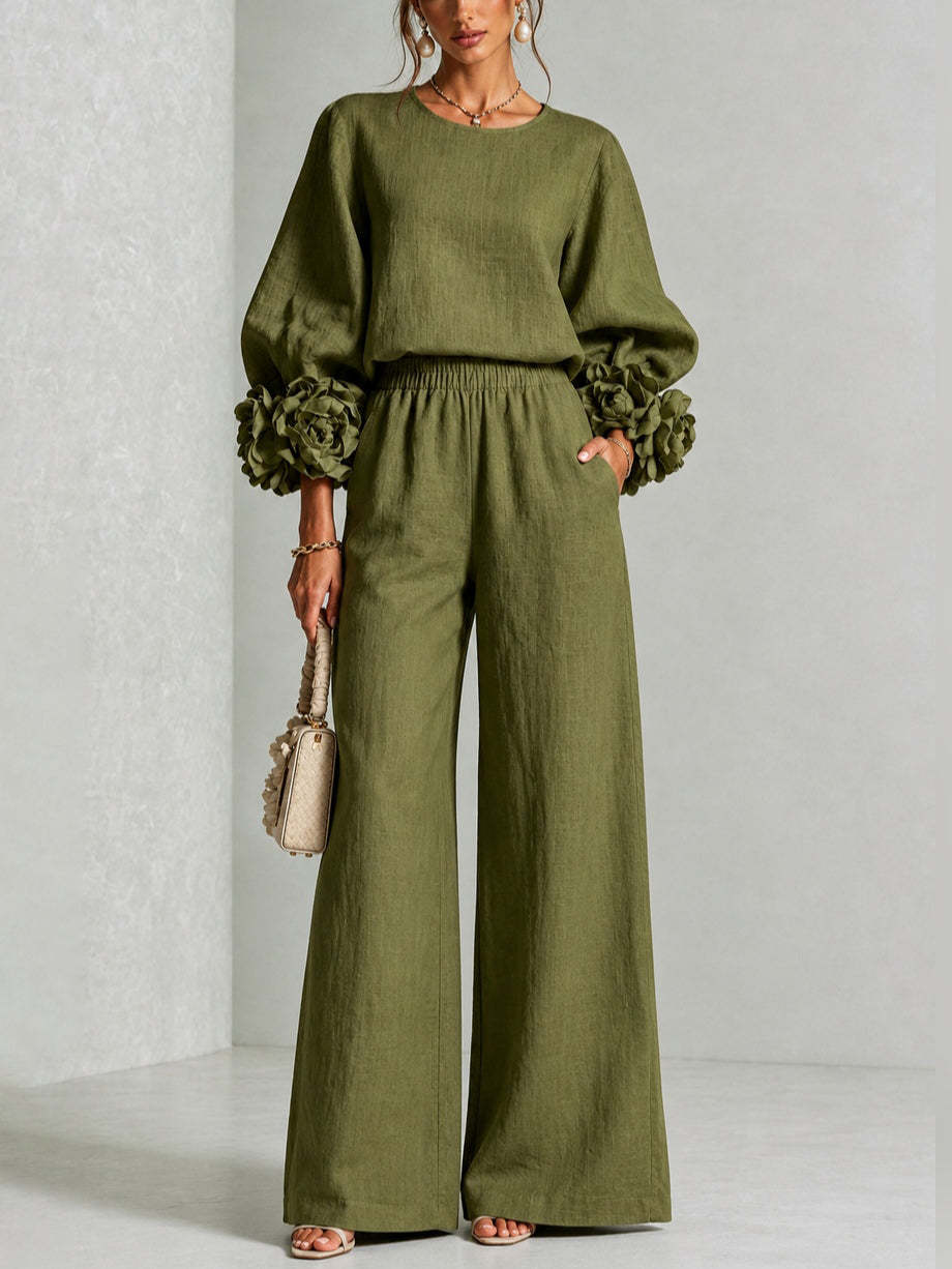 Rosalie | Floral Cuff Two-Piece Set with Wide-Leg Trousers