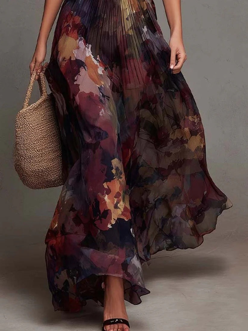 Allegra | Watercolour Floral Pleated V-Neck Maxi Dress
