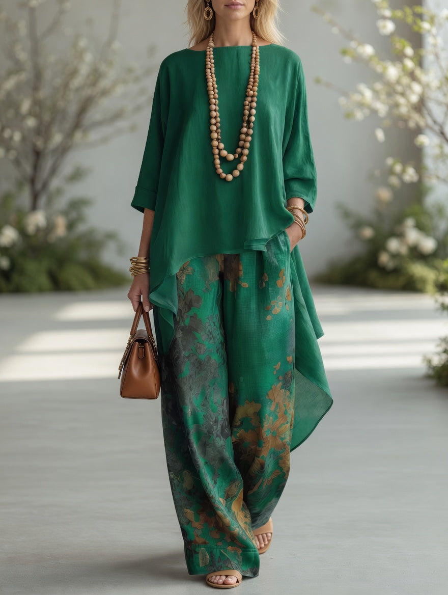 Elowen | Botanical Print High-Low Tunic & Wide-Leg Set