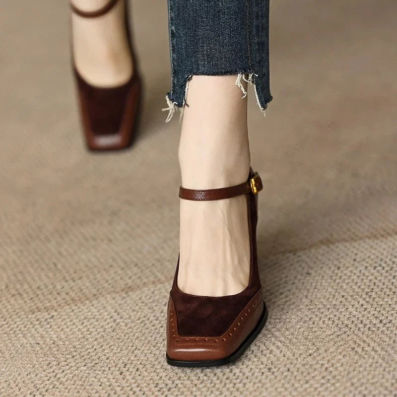 Constance | Square Toe Block Heel Brogue Pumps