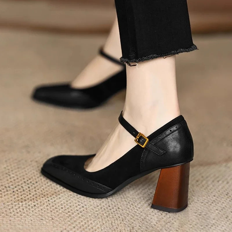 Constance | Square Toe Block Heel Brogue Pumps