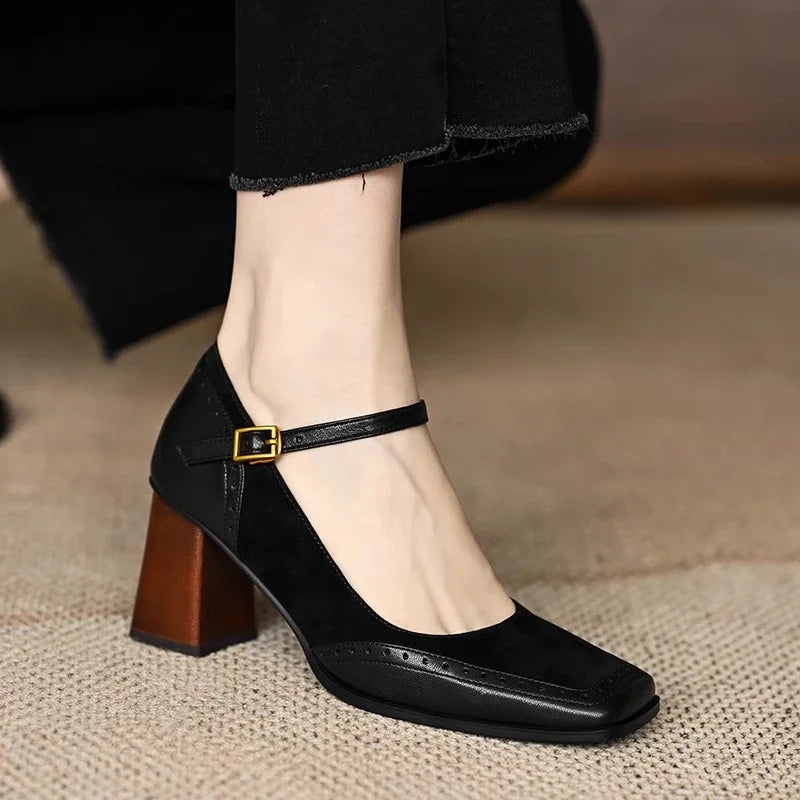 Constance | Square Toe Block Heel Brogue Pumps