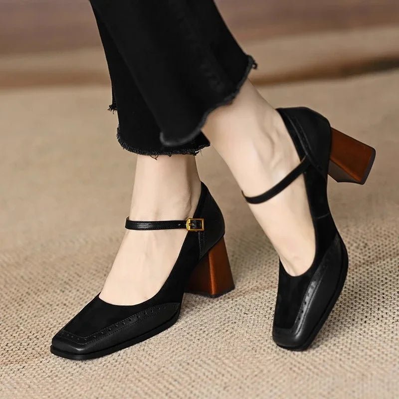 Constance | Square Toe Block Heel Brogue Pumps