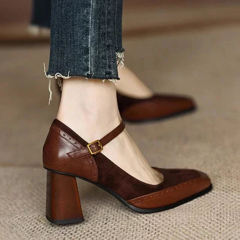 Constance | Square Toe Block Heel Brogue Pumps