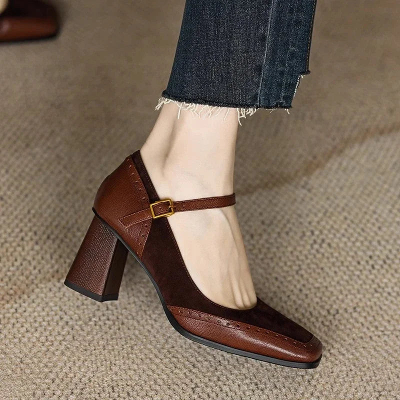 Constance | Square Toe Block Heel Brogue Pumps