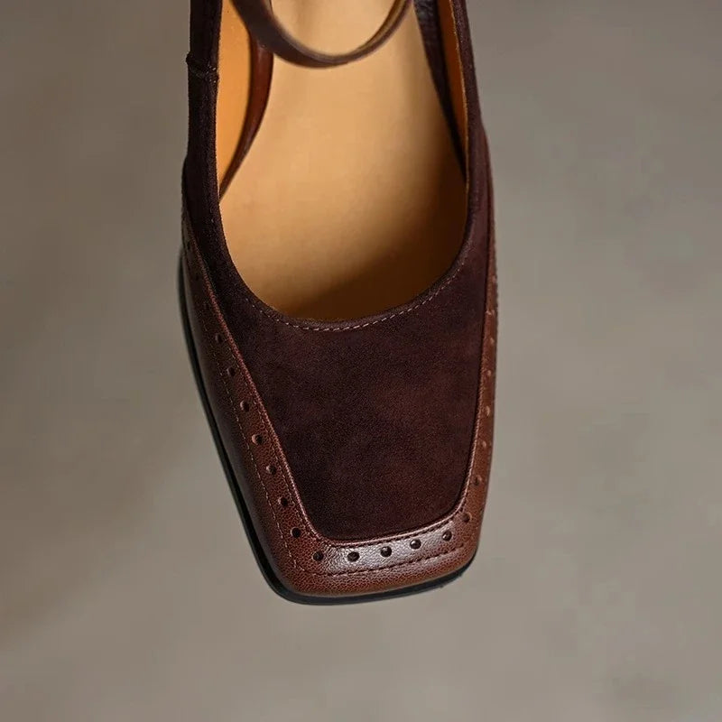 Constance | Square Toe Block Heel Brogue Pumps