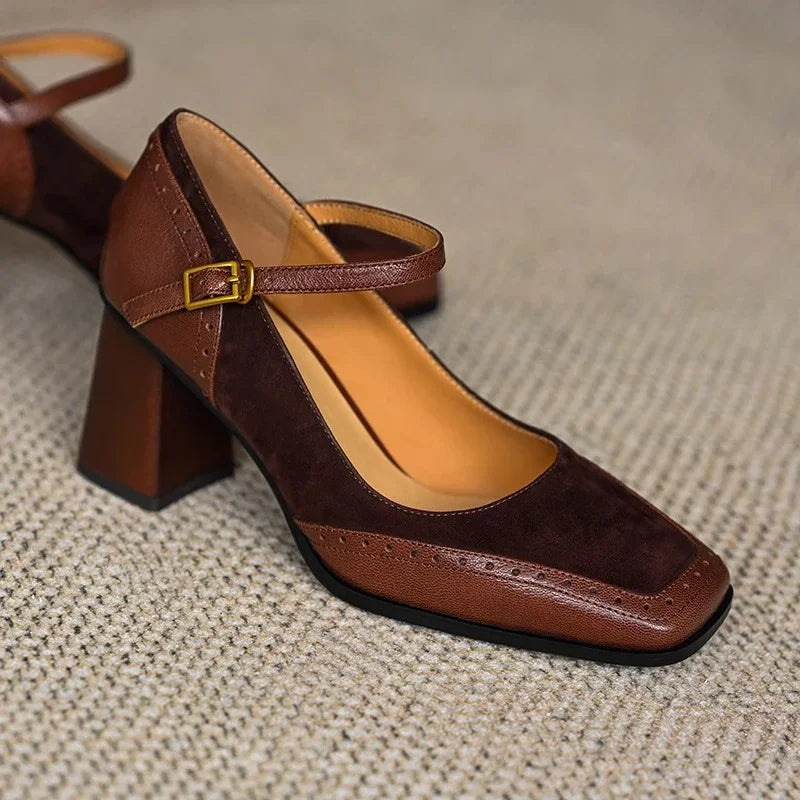 Constance | Square Toe Block Heel Brogue Pumps