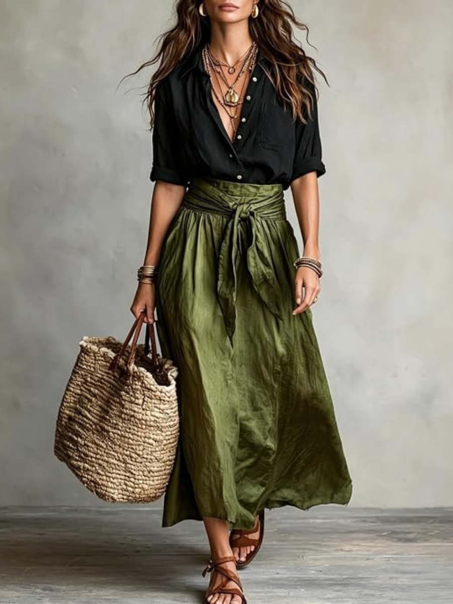 Veronica | Two-Piece Set: Black Blouse & Olive Skirt