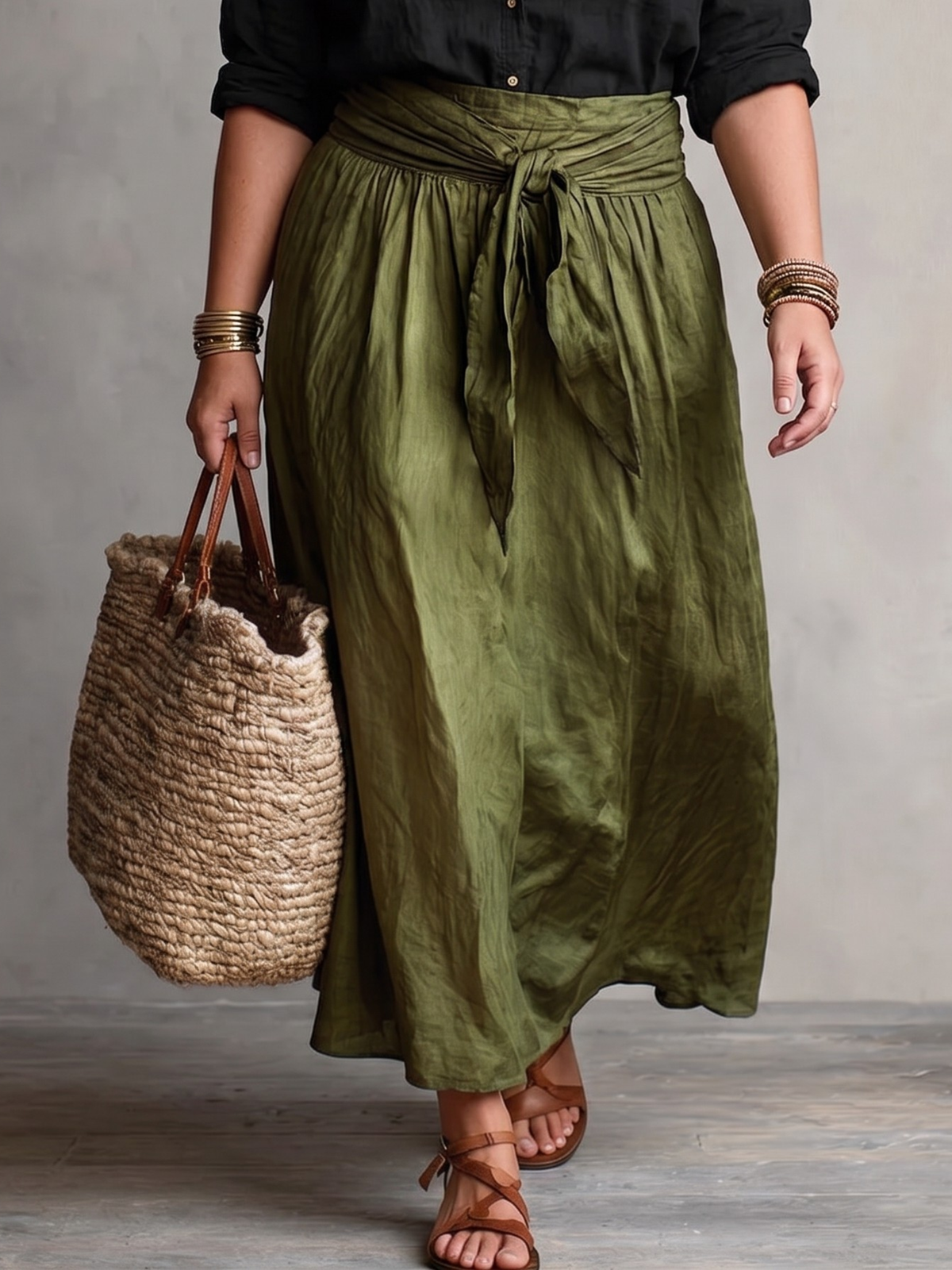 Veronica | Two-Piece Set: Black Blouse & Olive Skirt