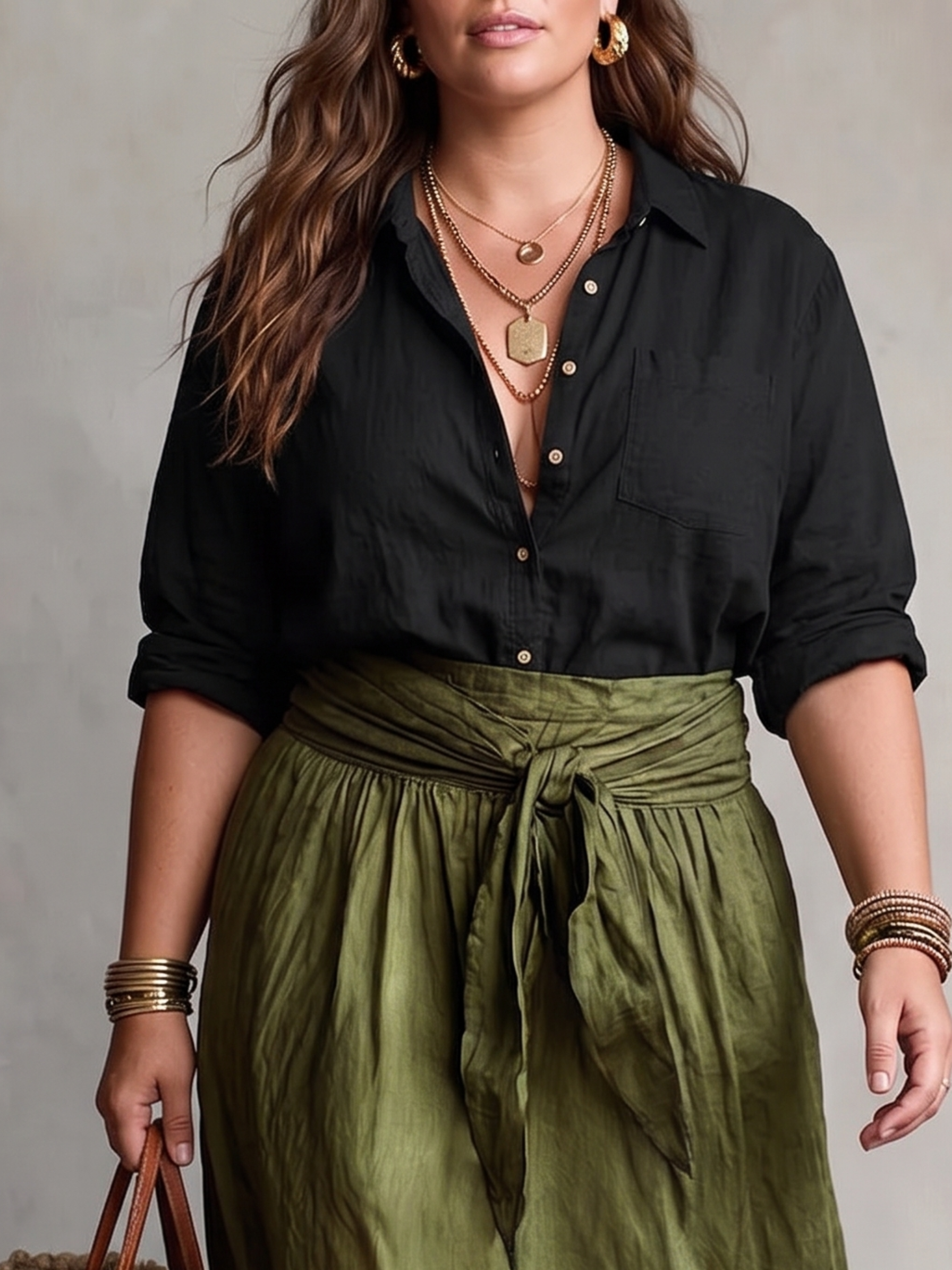 Veronica | Two-Piece Set: Black Blouse & Olive Skirt