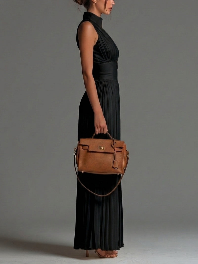 Vittoria | Black chiffon jumpsuit with V-neck, sleeveless, zip, pleated, wide-leg pants