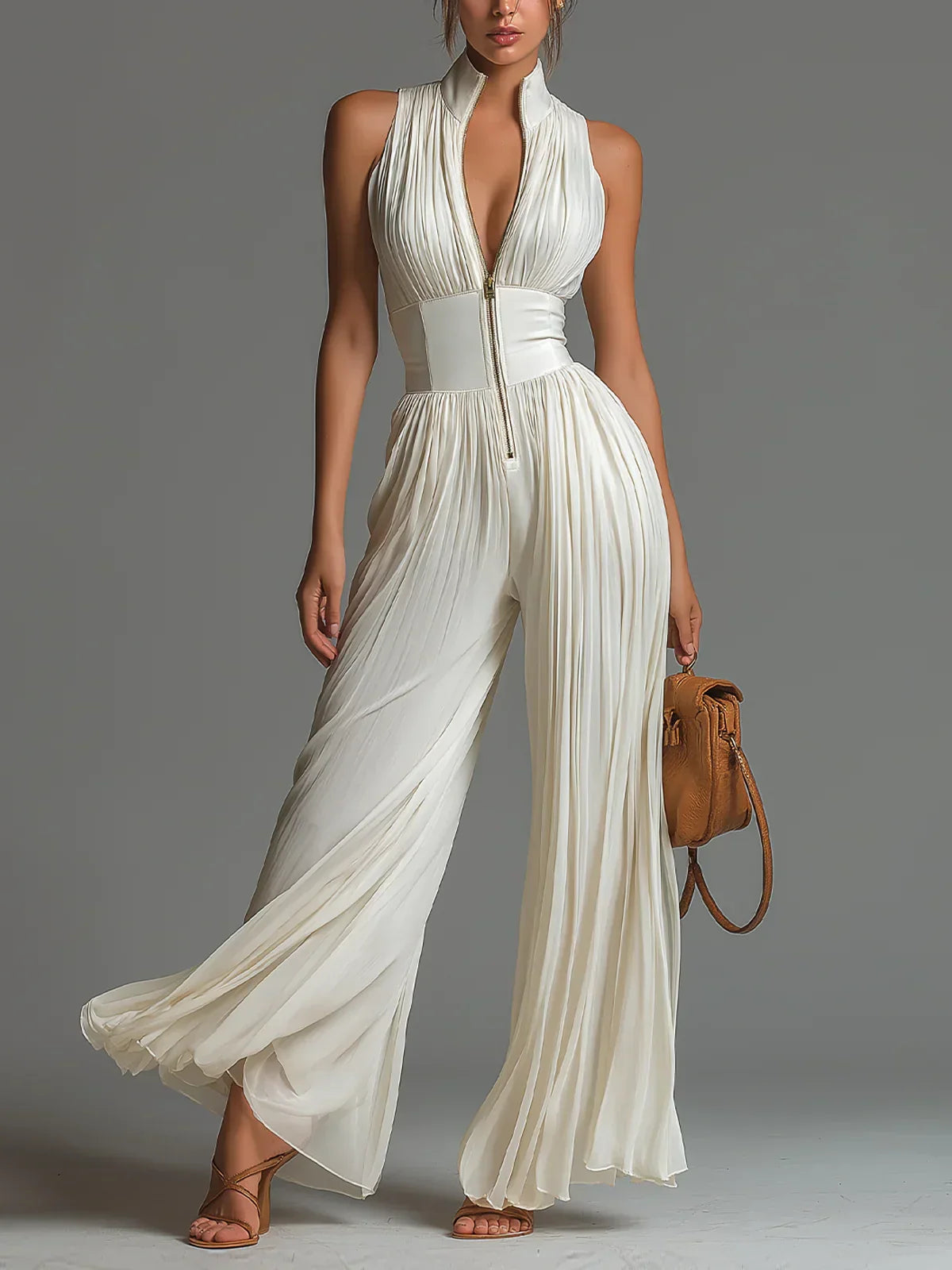 Vittoria | Black chiffon jumpsuit with V-neck, sleeveless, zip, pleated, wide-leg pants